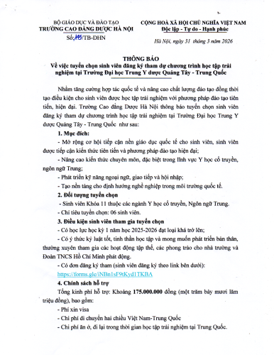 Thông báo tuyển chọn sinh viên đăng ký tham dự chương trình học tập trải nghiệm tại Trường Đại học Trung Y dược Quảng Tây - Trung Quốc